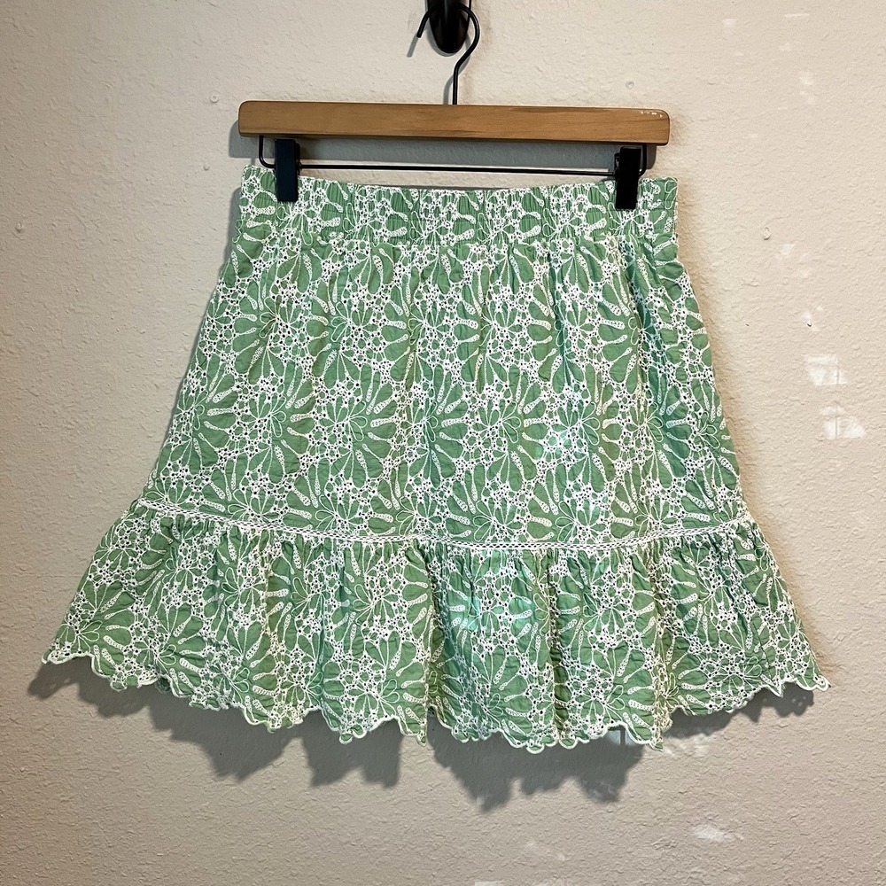 Loft Eyelet Skirt Women's Small Green White Tiered Ruffle Hem Cottagecore Chic